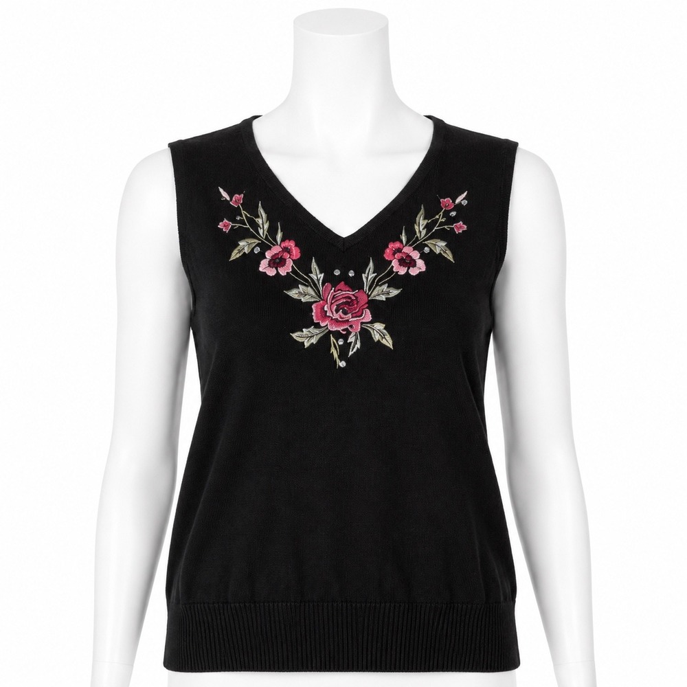 Vintage Spanner Cotton Sweater Vest L Black Floral Embroider V Neck Cottagecore